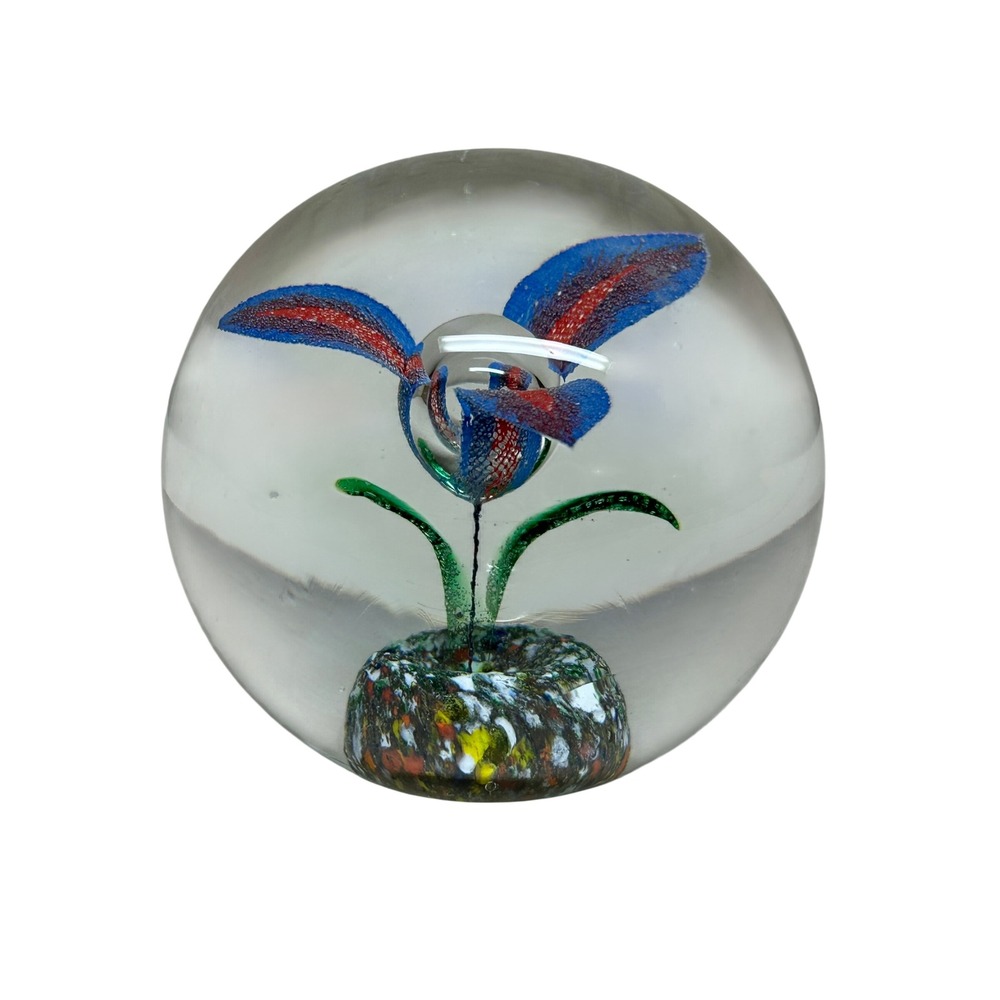 Glass Flower Handblown Paperweight Blue Red Green Floral‎ Home Decor Art Vintage